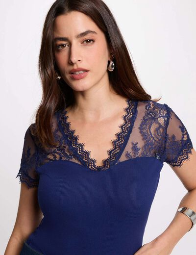 T-shirt manches courtes &agrave; dentelle bleu marine femme