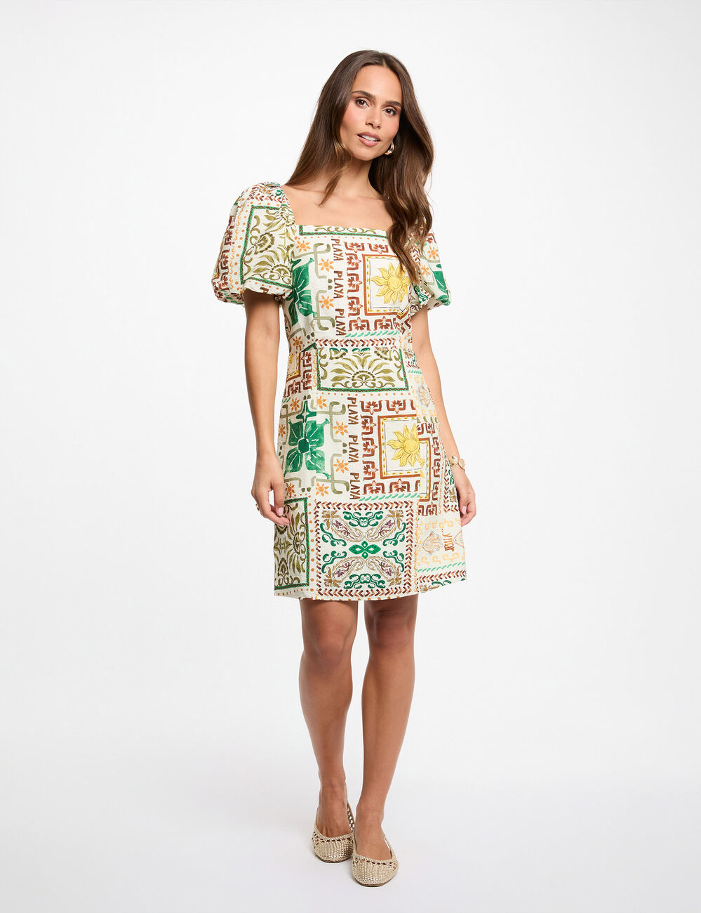 Robe courte manches bouffantes multicolore femme