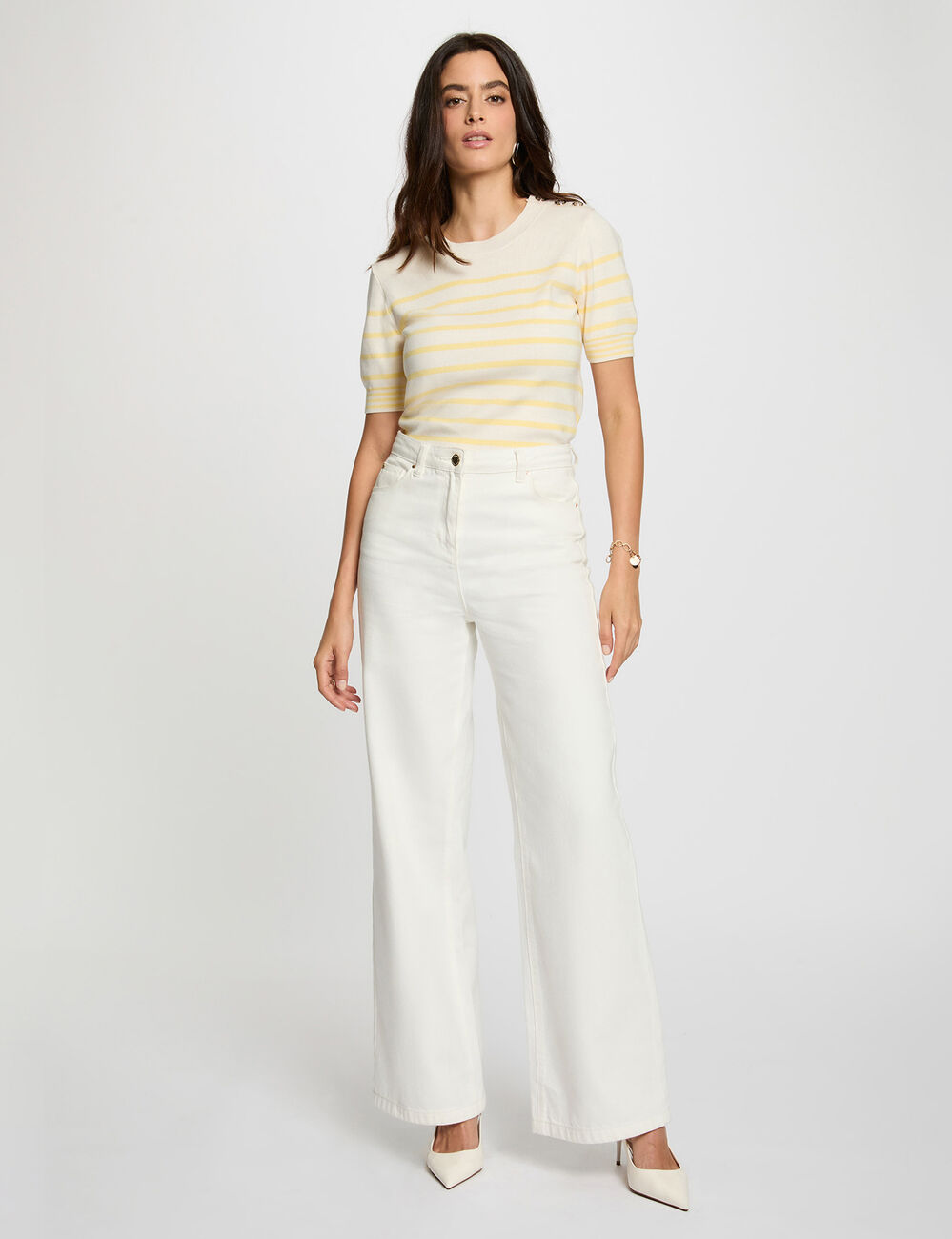 Pull manches courtes ray&eacute; ivoire femme