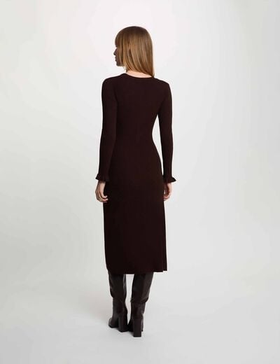 Robe tricot longue col v marron fonc&eacute; femme
