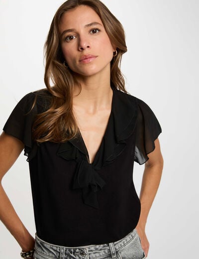 T-shirt col lavalli&egrave;re noir femme