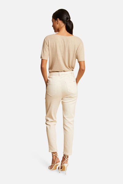 T-shirt manches courtes à col en V beige femme