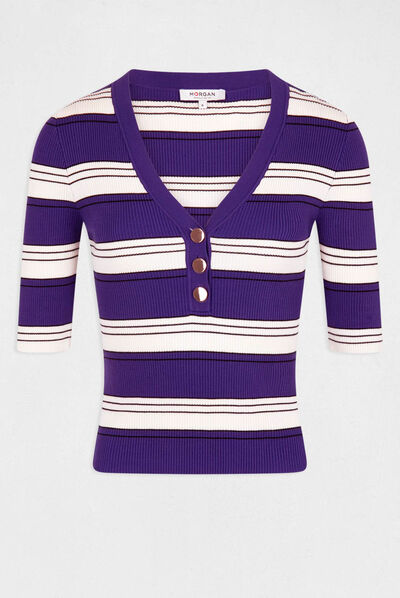 Pull manches courtes à rayures violet femme