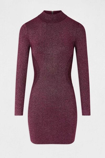 Robe pull ajustée fils métallisés prune femme