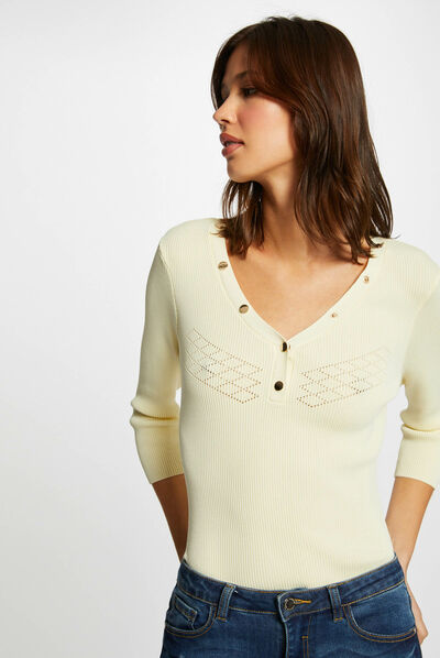 Pull manches 3/4 avec boutons jaune paille femme