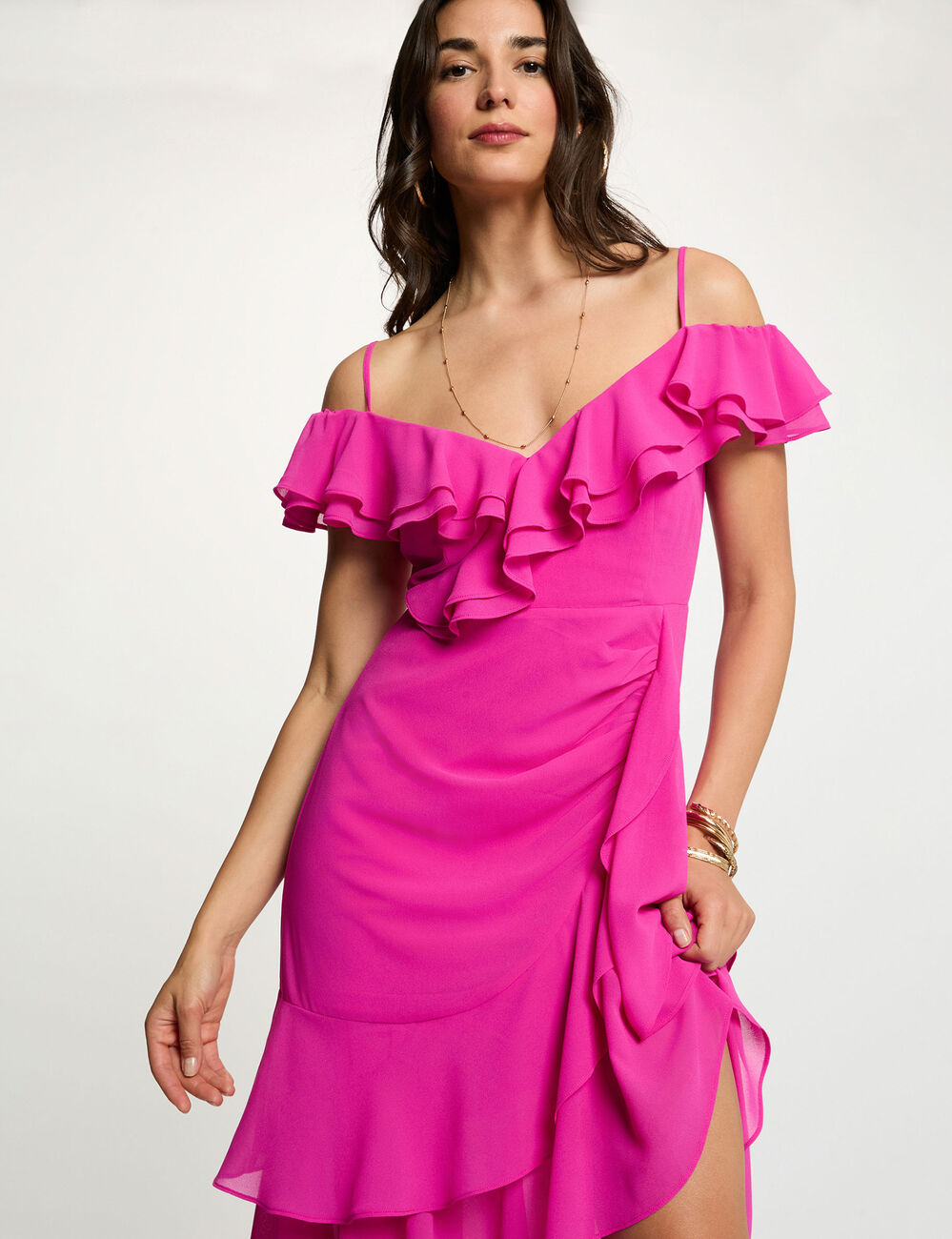 Robe midi droite volants rose framboise femme