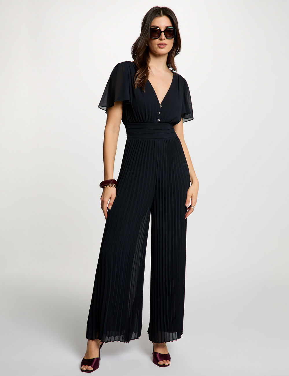 Combinaison pliss&eacute;e col v bleu marine femme