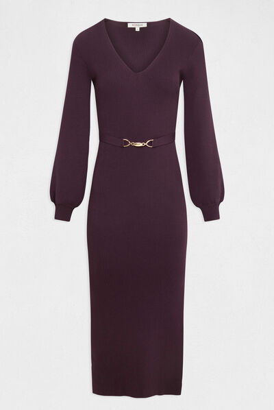 Robe pull longue ajustée à ornement prune femme