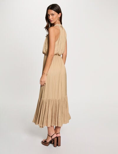 Robe longue col montant beige femme