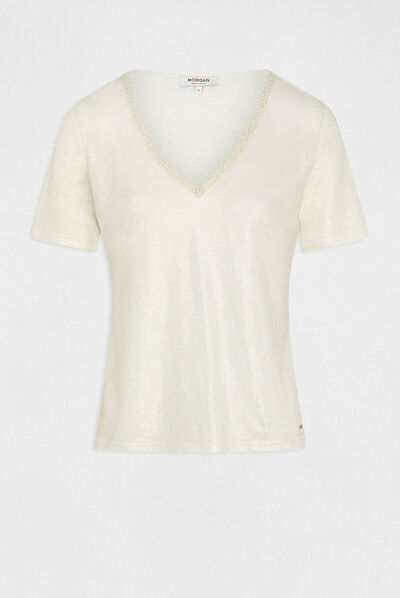 T-shirt manches courtes col en V ecru femme