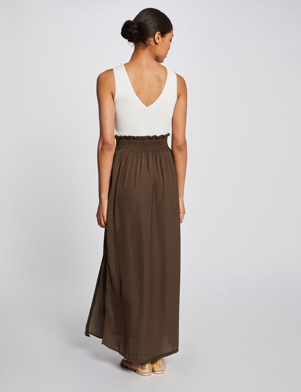 Jupe longue fluide taille &eacute;lastiqu&eacute;e vert kaki femme