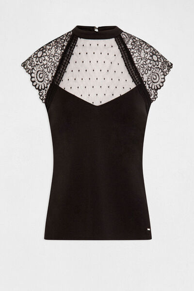 T-shirt manches courtes à dentelle noir femme