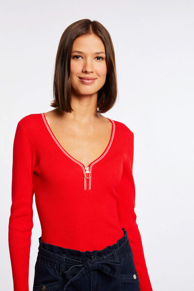 Pull manches longues à col en V rouge femme
