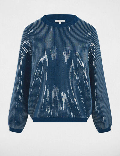 Pull sequins col rond bleu p&eacute;trole femme