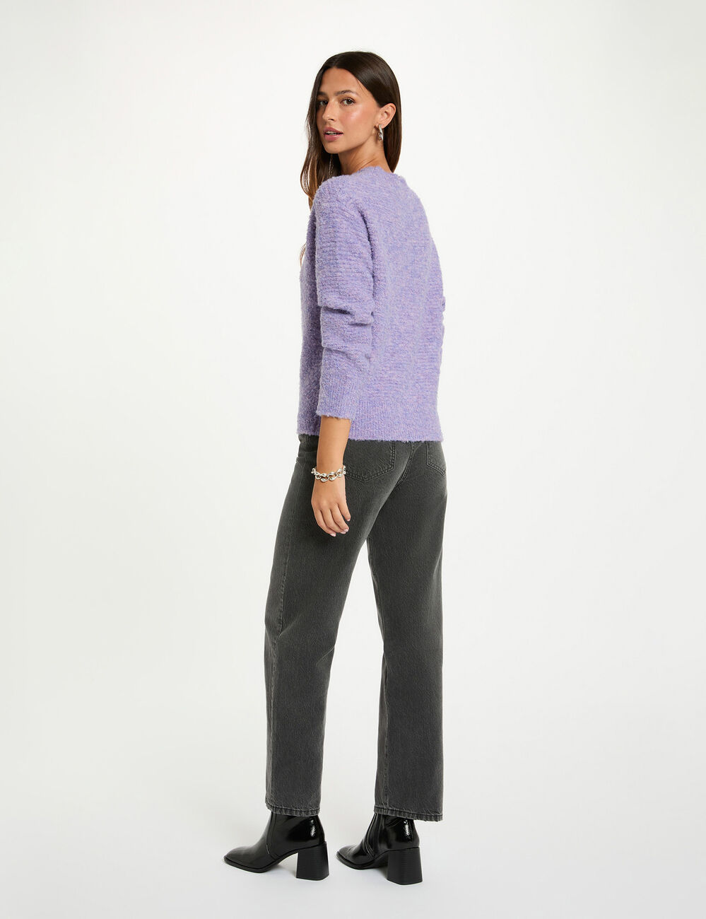 Pull court col rond parme femme