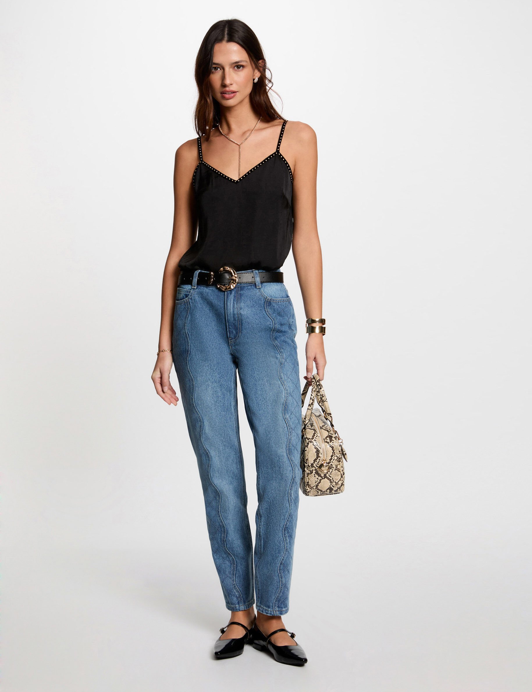 Jeans slim détails matelassés denim stone femme