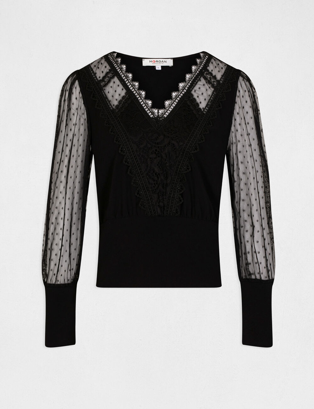T-shirt manches longues avec plumetis noir femme