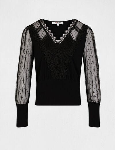 T-shirt manches longues avec plumetis noir femme