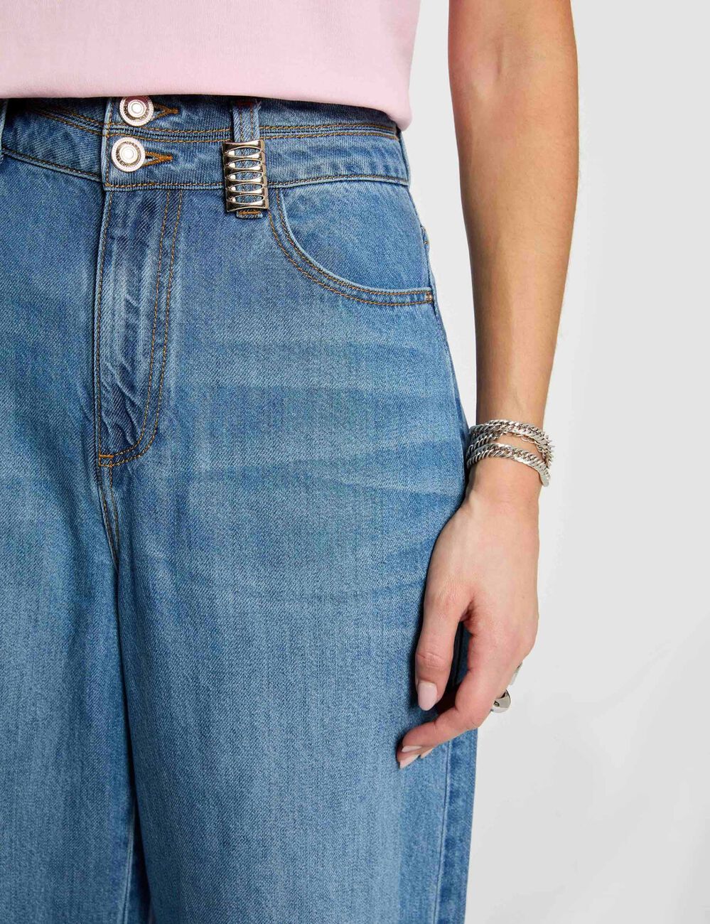 Pantalon large taille haute denim stone femme