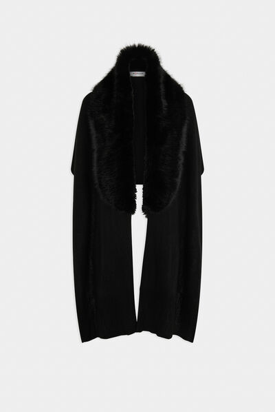 Poncho à détails imitation fourrure noir femme