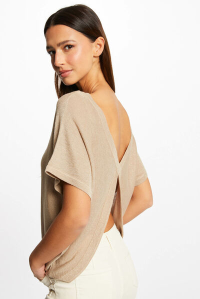 Pull manches courtes à détail bijou dore femme