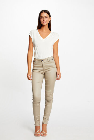 Pantalon skinny enduit à détails bijoux beige clair femme