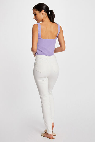 Jeans slim taille haute boutonné ecru femme