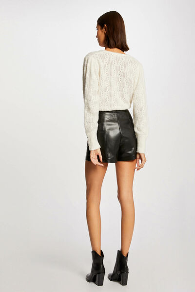 Pull manches longues à col cache-coeur ivoire femme
