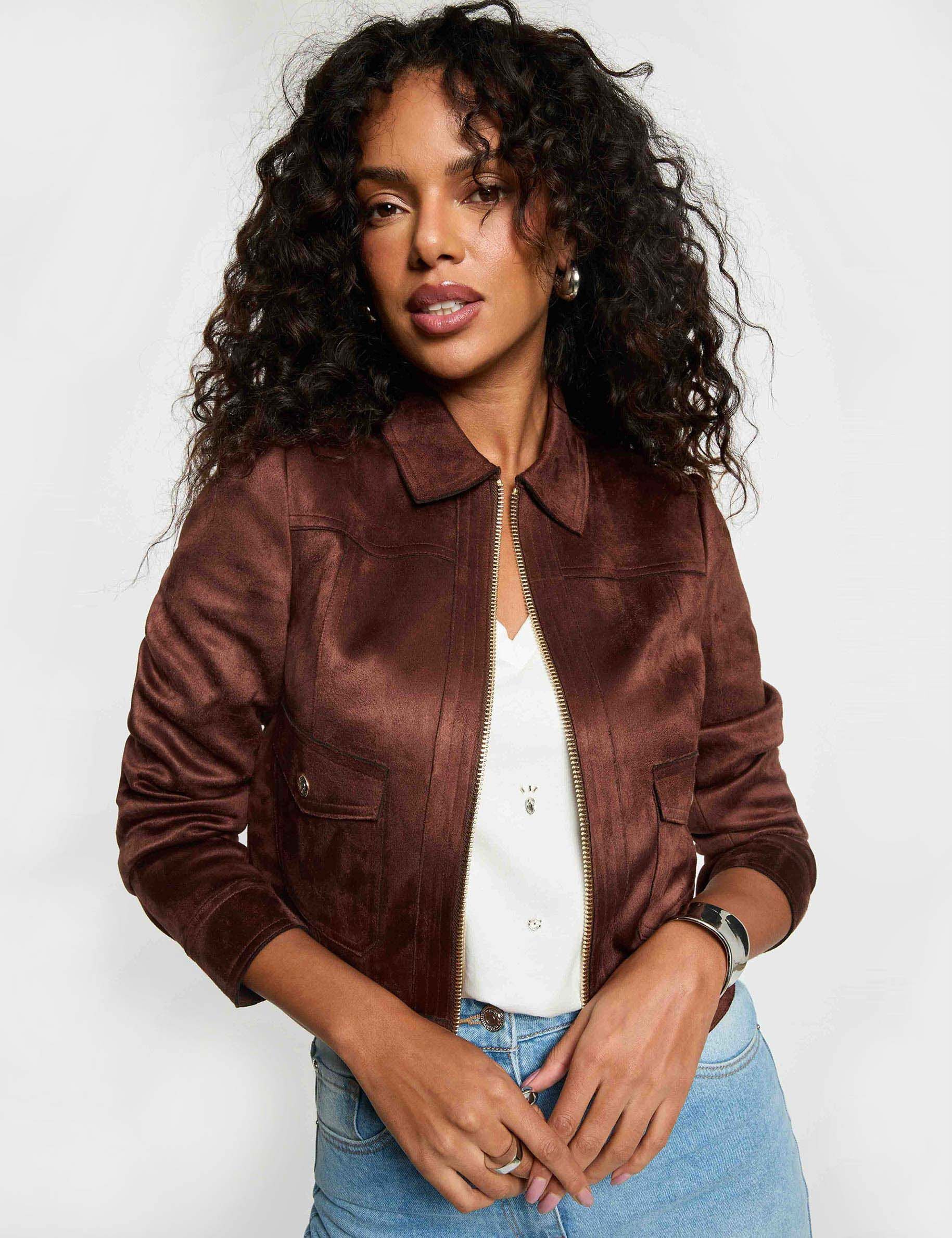 Blouson court suédine marron foncé femme
