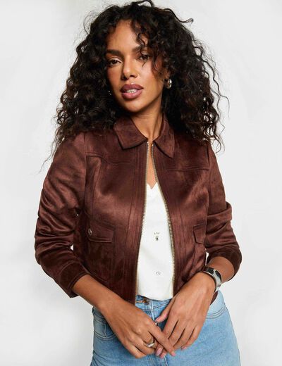 Blouson court su&eacute;dine marron fonc&eacute; femme