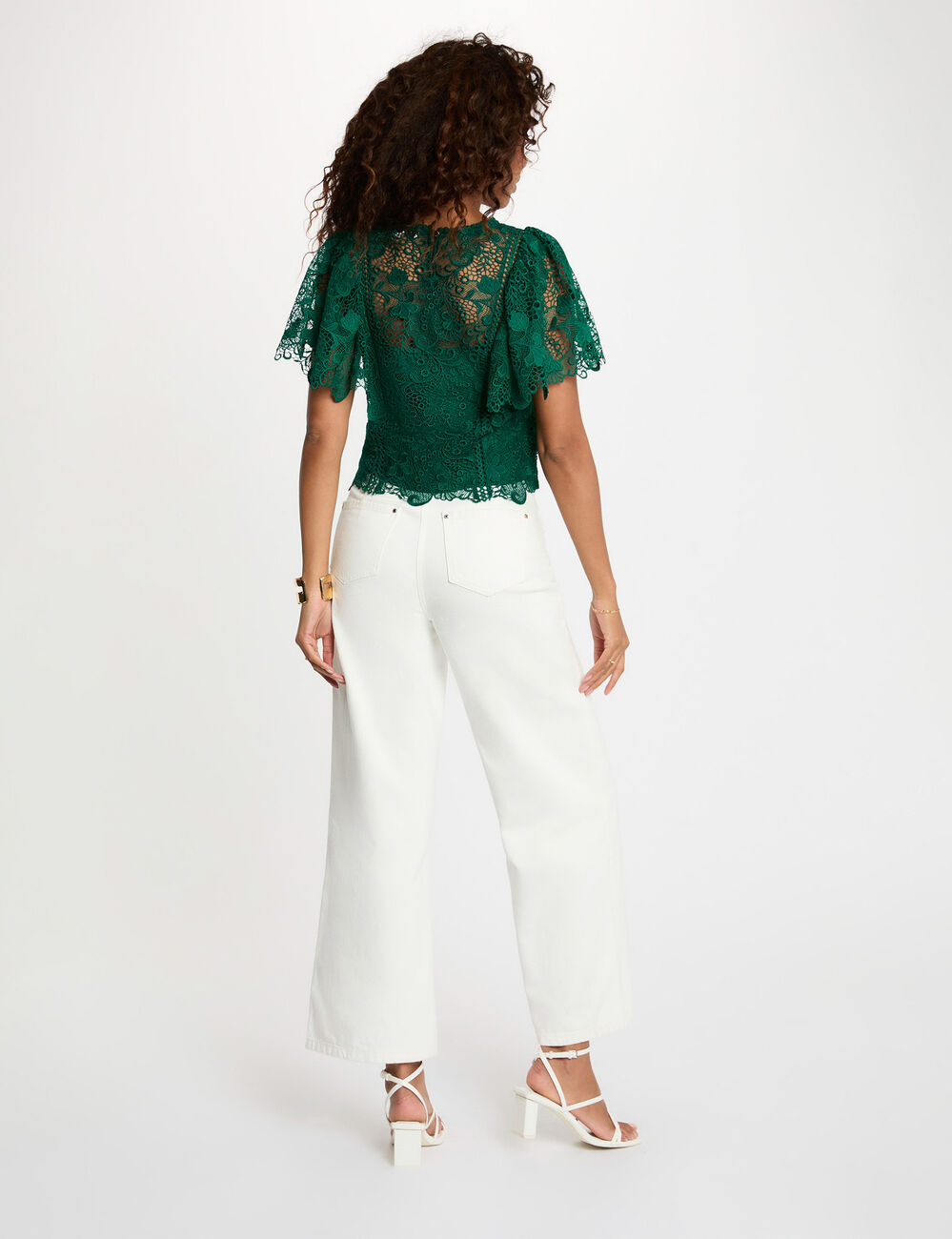 Top dentelle col rond vert femme