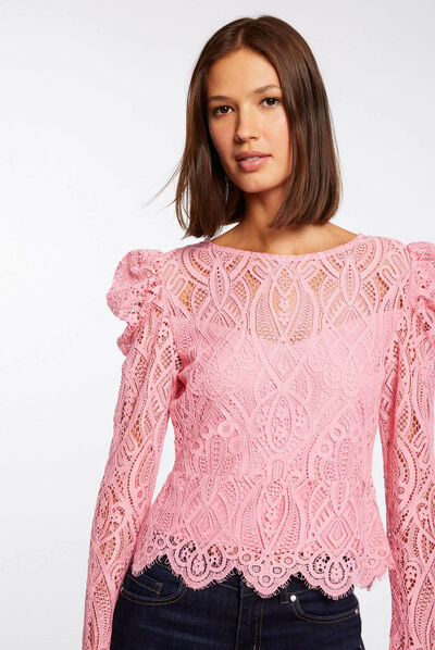 T-shirt manches longues à dentelle rose moyen femme