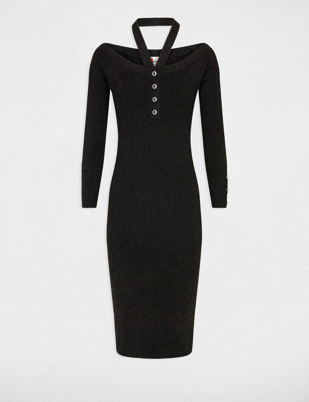 Robe pull ajustée col bardot gris anthracite femme