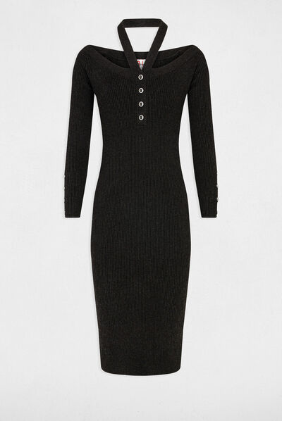 Robe pull ajustée col bardot gris anthracite femme