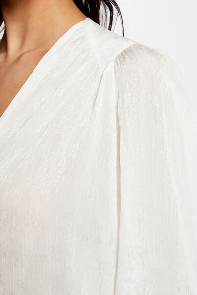 Chemise manches longues col en V ecru femme