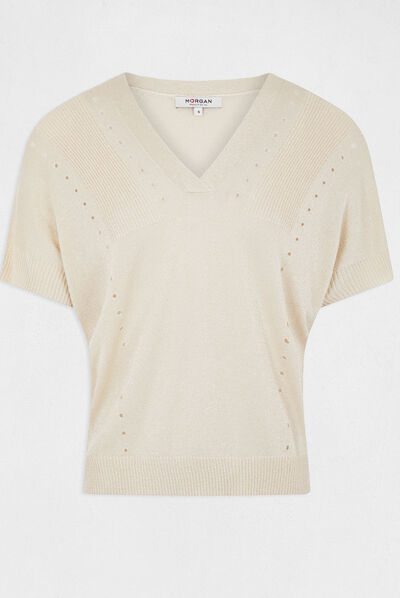 Pull manches courtes à col en V beige femme