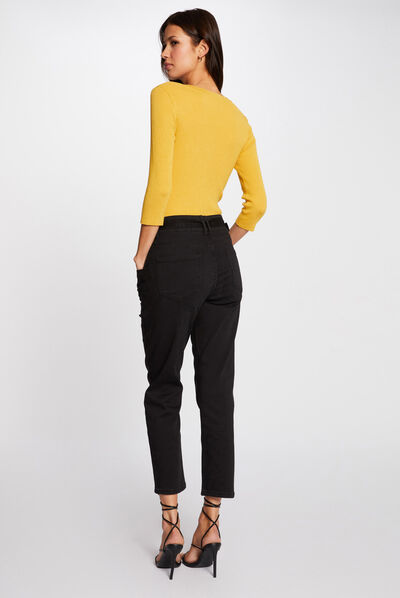 Pull manches 3/4 boutonné jaune femme