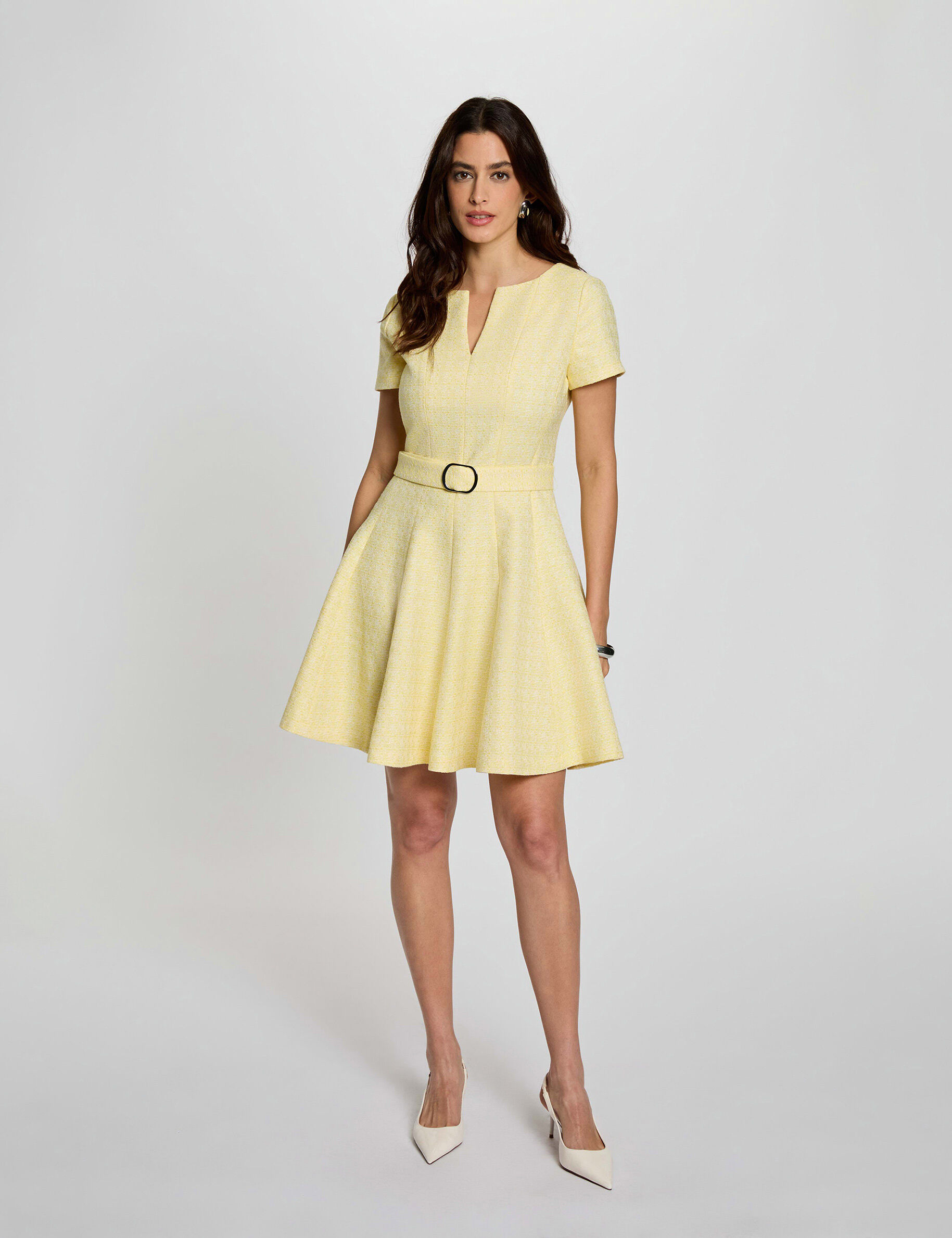 Robe courte ceinturée jaune pastel femme - vue 1