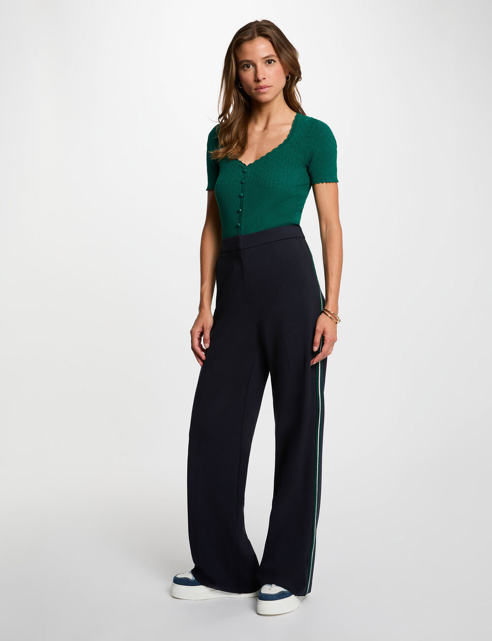Pantalon large bandes c&ocirc;t&eacute;s bleu marine femme