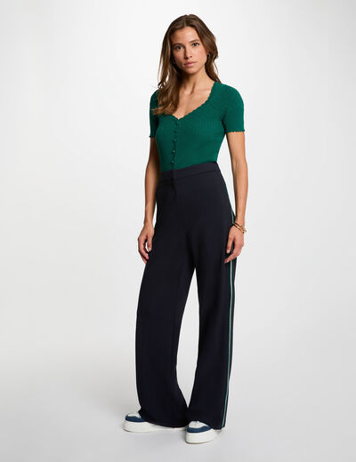 Pantalon large bandes c&ocirc;t&eacute;s bleu marine femme