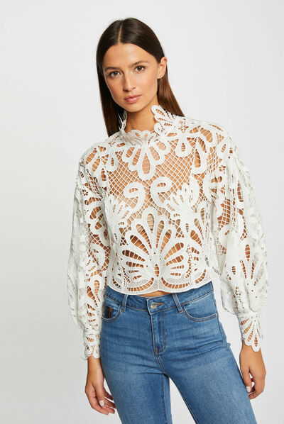 Blouse manches longues en dentelle ecru femme