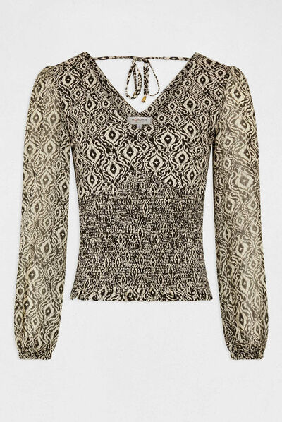 T-shirt manches longues smocké imprimé multico femme