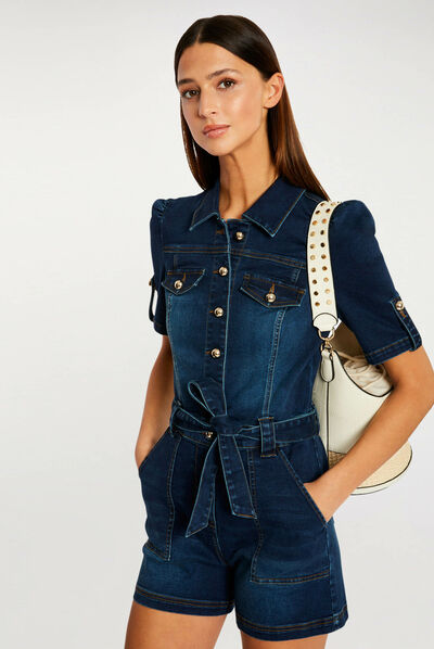 Combishort boutonnée à ceinture jean brut femme
