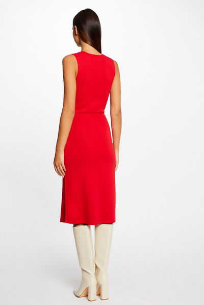 Robe pull midi ajustée col en V rouge femme