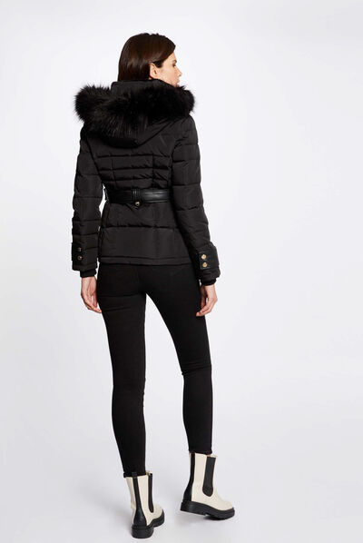 Doudoune droite à capuche noir femme