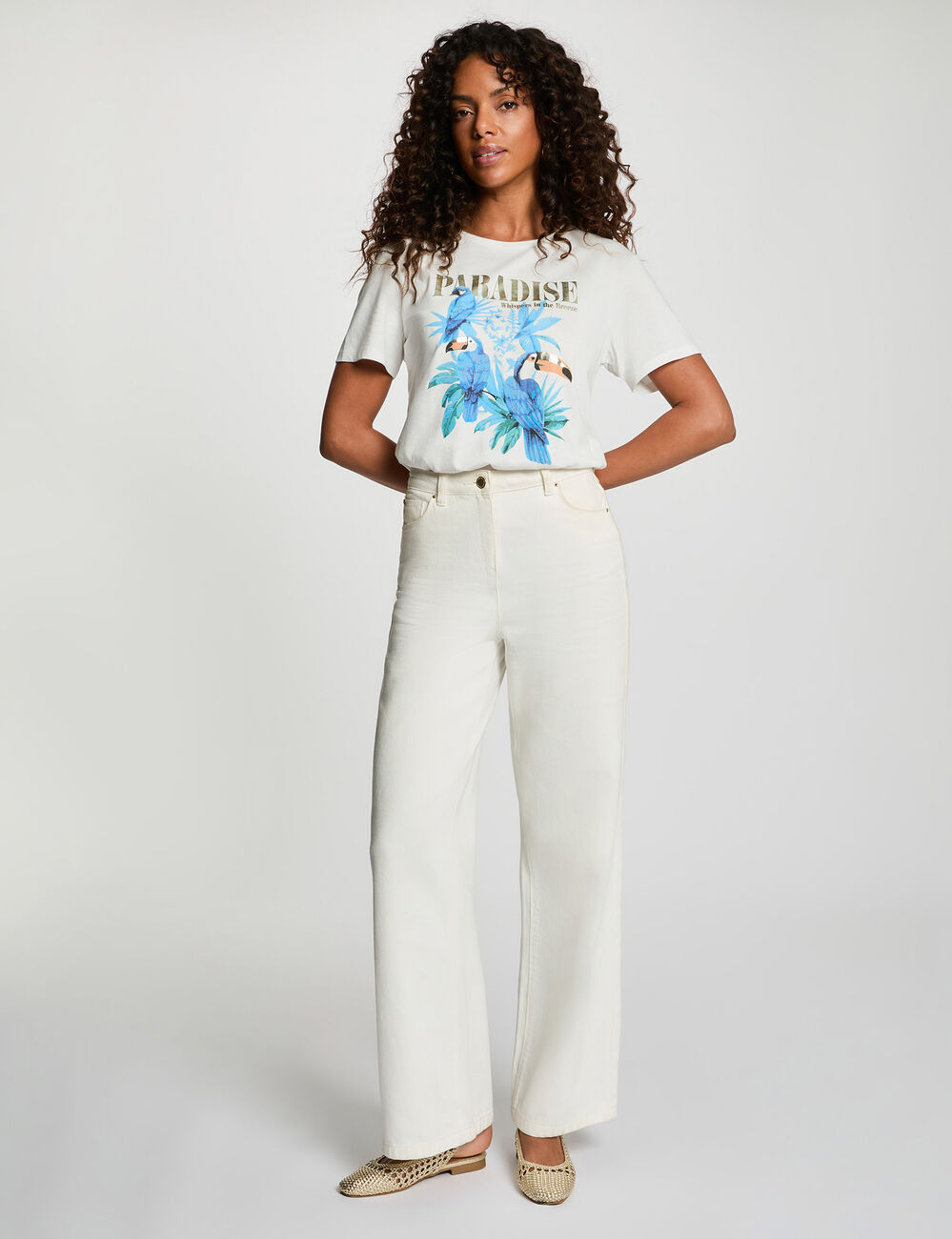 T-shirt imprim&eacute; col rond blanc femme