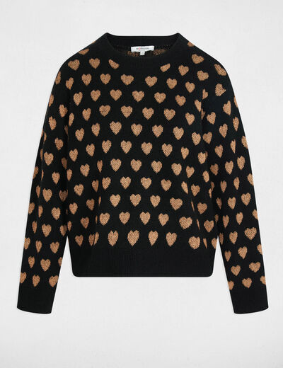 Pull col rond imprim&eacute; noir femme