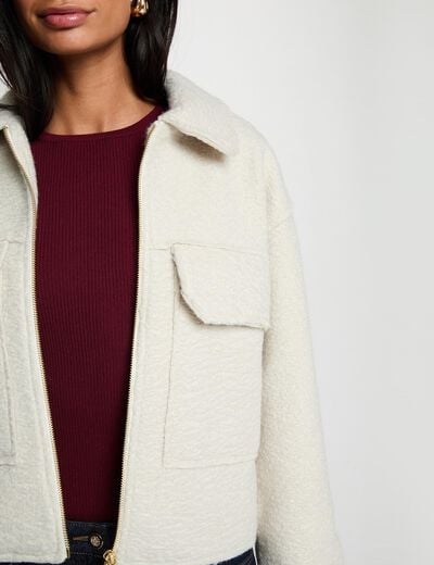 Manteau court duveteux ivoire femme