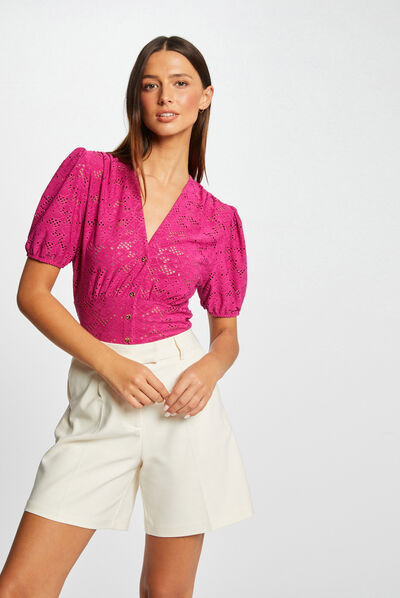 T-shirt manches courtes à broderie framboise femme