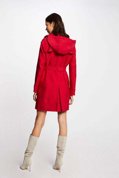 Trench droit ceinturé à capuche rouge femme
